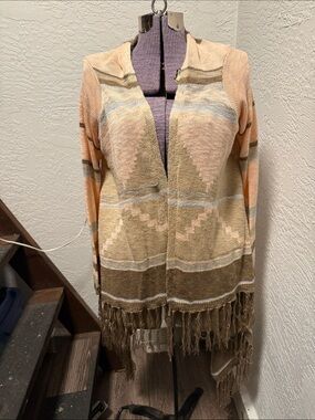 Fringed Open-Front Knit Cardigan in Peach and Tan
